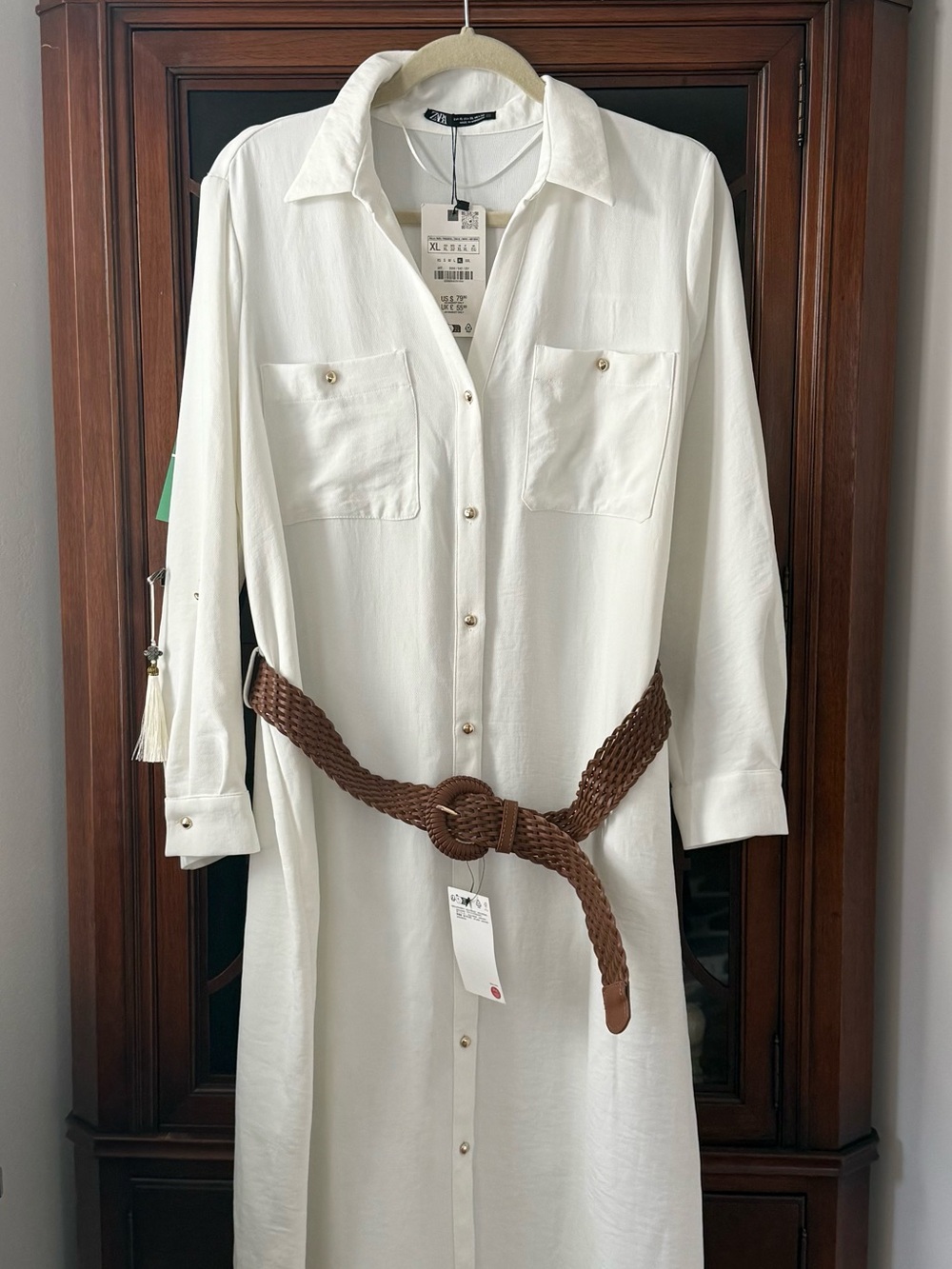 ZARA Classic Soft White Shirt Dress with Brown Braided Belt